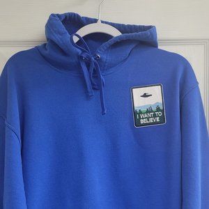 Adult large royal blue hoodie with pocket and iron on patch